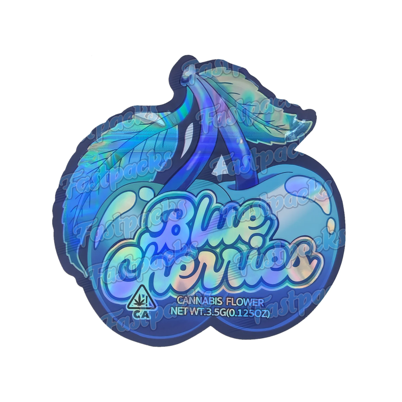 Blue Cherries ~ 3.5G Die Cut Empty Mylar Bag Blue Cherries ~ 3.5G Die Cut Empty Mylar Bag