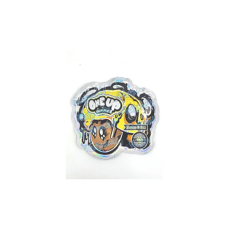 One Up Mushrooms ~ Shroom N Ride ~ Yellow 2.5G Holographic Die-Cut Empty Mylar Bag (2022) One Up Mushrooms ~ Shroom N Ride ~ Yellow 2.5G Holographic Die-Cut Empty Mylar Bag (2022)