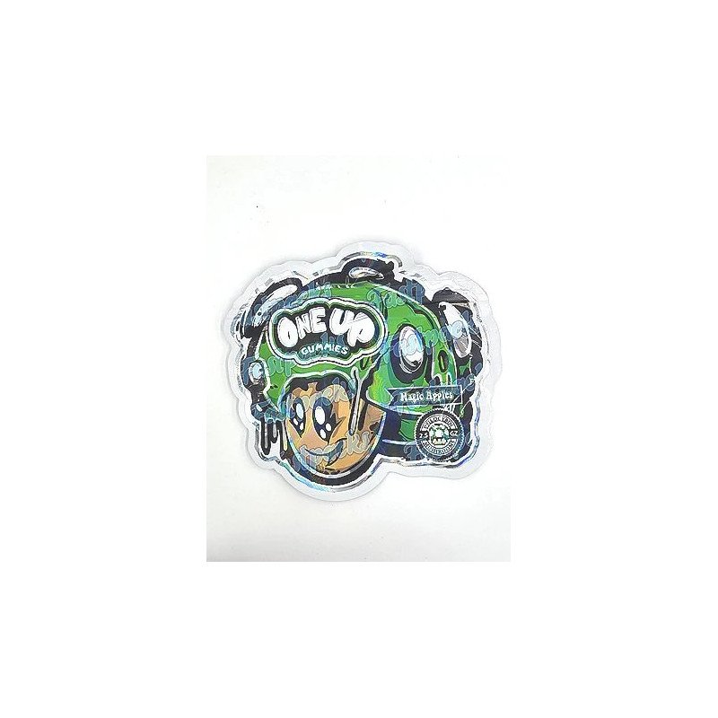 One Up Mushrooms ~ Magic Apples ~ Green 2.5G Holographic Die-Cut Empty Mylar Bag (2022) One Up Mushrooms ~ Magic Apples ~ Green 2.5G Holographic Die-Cut Empty Mylar Bag (2022)